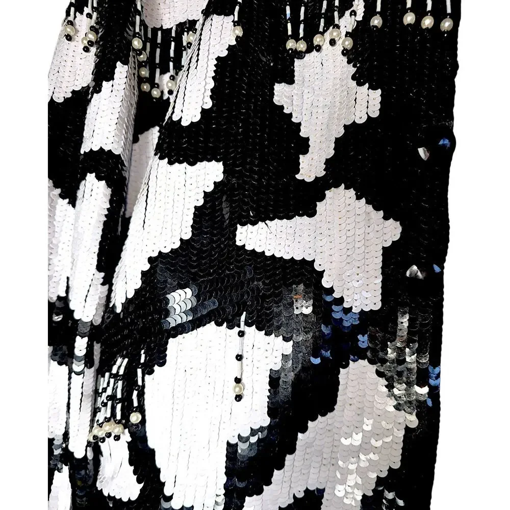Vintage MODI Black White Silk Sequin Horse Western Fringe Art to Wear Jacket XL